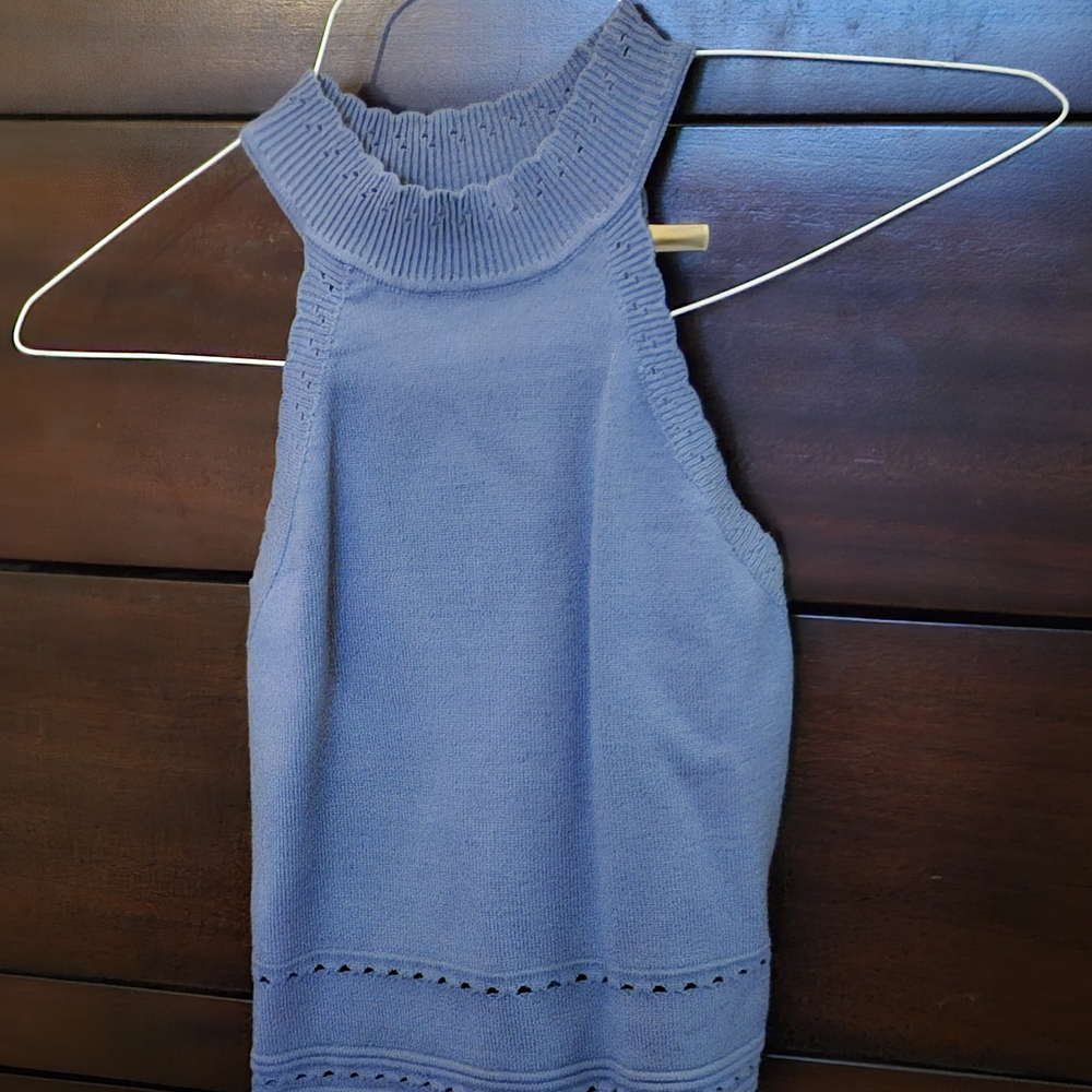 Sleeveless High-Neck Knit Tank Top - Blue